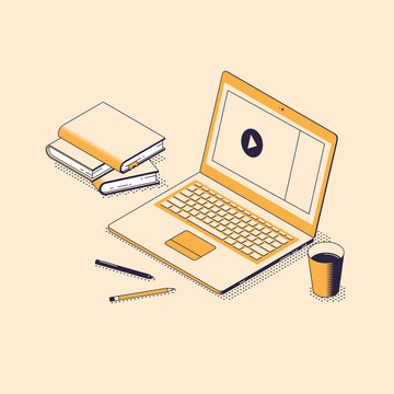 Distance education with video webinar or tutorial isometric concept.