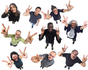 group of people with victory sign on white