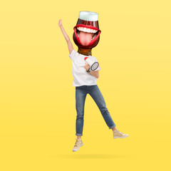Female body in jeans with the mouthpeace headed by a glass of beer against yellow background. Negative space to insert your text. Modern design. Contemporary art collage. Vacation, summer, resort.