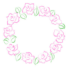 ピンク色のバラの花の手描きの円形フレーム