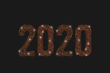 Abstract isolated orange image of new year number 2020. Polygonal low poly wireframe illustration looks like stars in the blask night sky in spase or flying glass shards. For web, internet design © Katsiaryna
