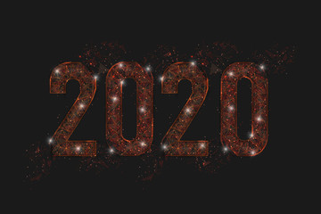 Abstract isolated orange image of new year number 2020. Polygonal low poly wireframe illustration looks like stars in the blask night sky in spase or flying glass shards. For web, internet design © Katsiaryna