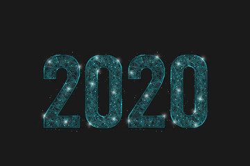 Abstract isolated blue image of  new year number 2020. Polygonal  low poly wireframe illustration looks like stars in the blask night sky in spase or flying glass shards. Digital web, internet design. © Katsiaryna