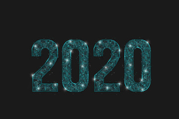 Abstract isolated blue image of  new year number 2020. Polygonal  low poly wireframe illustration looks like stars in the blask night sky in spase or flying glass shards. Digital web, internet design. © Katsiaryna