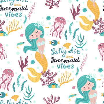 Seamless pattern with cute mermaids, seaweed. Vector illustration for your design