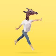 Weiblicher Körper in Jeans und weißem Hemd, angeführt von Giraffenkopf vor gelbem Hintergrund. Negativer Platz zum Einfügen Ihres Textes. Modernes Design. Collage zeitgenössischer Kunst. Urlaub, Sommer, Erholungsort. © master1305