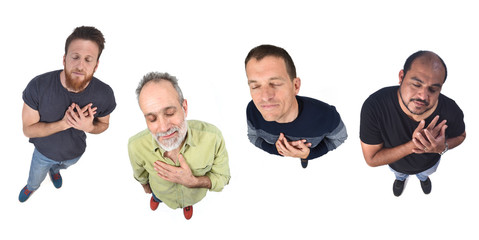 men with hand on heart on white background