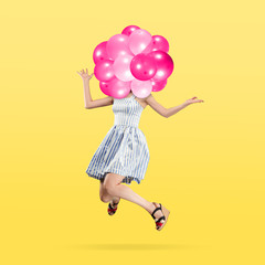 Female body in light dress headed by pink balloons against yellow background. Negative space to insert your text. Modern design. Contemporary art collage. Vacation, summer, resort.