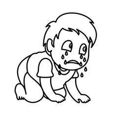 A sad boy crawling and crying. Vector illustration with continuous lines on white background. 