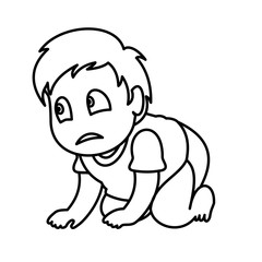 A sad boy crawling. Vector illustration with continuous lines on white background. 