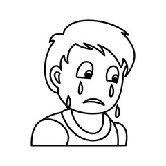 Portrait of sad boy on crying. Vector illustration with continuous lines on white background. 