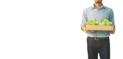 Delivery man or passenger holding a cardboard box ready