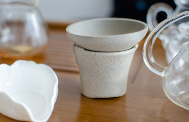 Fototapeta na wymiar glass and stone set for green tea prepare