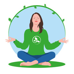 Girl sitting in Zen lotus pose and meditating. Girl in harmony with nature. Vector illustration on white background