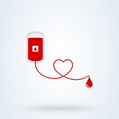 A blood donation bag with tube shaped as a heart. vector modern design illustration.