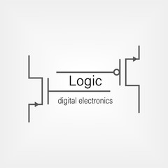 Symbols for building blocks of logic gates. N-MOS and P-MOS transistor schematic symbols. Electrical company logo design