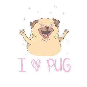Adorable beige puppy Pug with a pink donut. Have a sweet day - lettering quote. Humor card, t-shirt composition, hand drawn style print. Vector illustration.