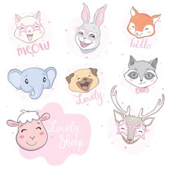 Cartoon cute animals for baby card and invitation. Vector illustration. Lion, dog, bunny, bear, panda, tiger, cat, fox.