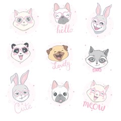 Cartoon cute animals for baby card and invitation. Vector illustration. Lion, dog, bunny, bear, panda, tiger, cat, fox.