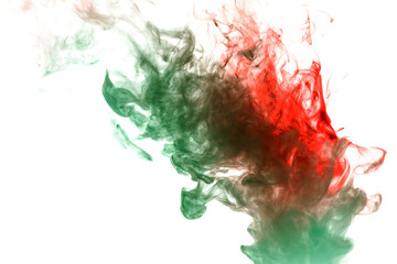 Column clouds of smoke and patterns texture of different forms of red and green colors with tongues of flame on a white isolated background. Print for t-shirt. Toxic ink.