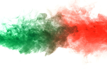 Horizontal jet of green smoke rolling in red on a white background