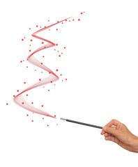Magic wand in hand with zigzag flourish, red stars. Isolated on white background.