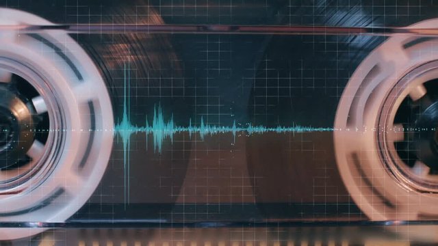 Audio cassette vintage player with sound waveform overlaying. Retro technology concept for 1970s, 80s and 90s.