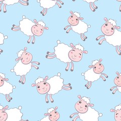 Obraz premium Seamless pattern of counting sheep to fall asleep. Cartoon happy jumping sheep for baby. Vector background