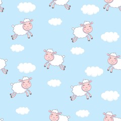 Seamless pattern of counting sheep to fall asleep. Cartoon happy jumping sheep for baby. Vector background