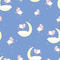 Seamless pattern of counting sheep to fall asleep. Cartoon happy jumping sheep for baby. Vector background