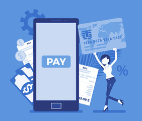 Woman with card making digital bill, mobile payment. Female consumer, businesswoman paying for online goods, product, support, service, smartphone content. Vector illustration with faceless character