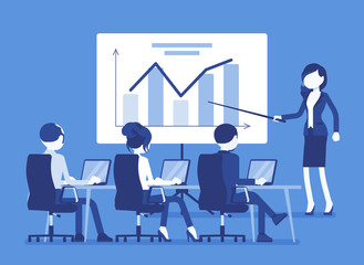 Business presentation, meeting in office. Gathering for selling idea or product, training purposes, speech to motivate company audience, tutorial for workers. Vector illustration, faceless characters