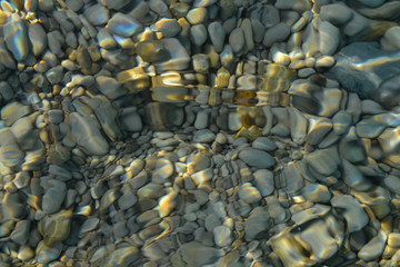 Top view of blue, green and turquoise colors of water, surface of sea on rocks and bottom....