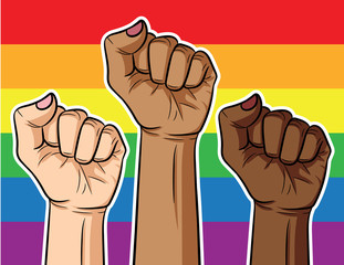 Color vector illustration fist of different color of skin on rainbow background. Poster about the struggle of the LGBT community of different races on the background of the rainbow flag.