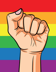 Color vector illustration fist on the background of the rainbow. Poster about the struggle of sexual minorities. Sign of lgbt community over background of the rainbow flag.