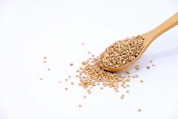 Wooden spoon full of quinoa isolate on white background. Selective focus.