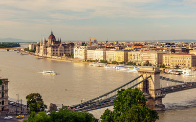 Fototapeta na wymiar Budapest, Hungary - June 2019. Danube river in the city of Budapest. You can see the river life and the historical building in the background.
