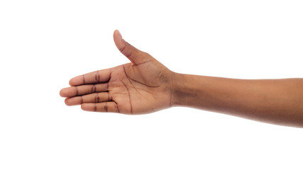 Closeup Of Black Woman's Hand Stretched For Handshake On White