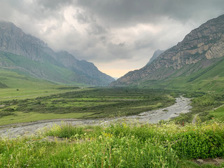 North Ossetia. Dargavs. River Gizeldon in cloudy weather