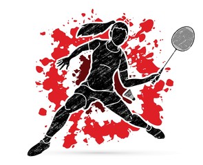 Badminton player action cartoon graphic vector.