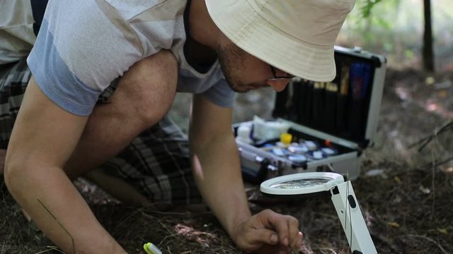 Caucasian entomologist studying a small anthill in the forest cheryl magnifying glass and take notes in his notebook, close-up