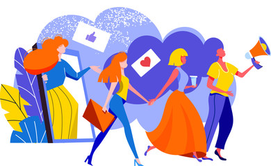 Referral marketing concept, Refer A Friend loyalty program, promotion method. Group of women customers holding hands and walking out of extremely large smartphone. Colorful flat vector illustration