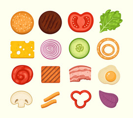 Burger ingredients set of vector icons in midern cartoon style. Burgers constructor top view, cheeseburger parts collection.