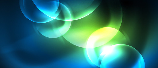 Blue neon bubbles and circles abstract background, futuristic magic techno design