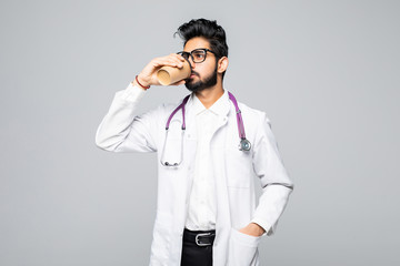 Indian Medic or doctor taking coffee break concept isolated on white background