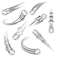 Set of different outline black movement path baseball