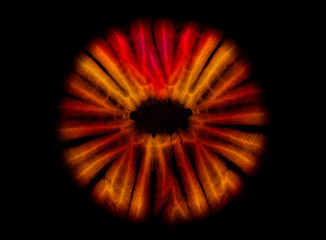 Multicolored pattern of an African batik, warm colors, black background  