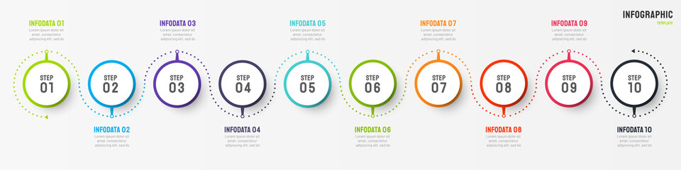Business infographic design vector with circle element. Timeline with 10 step, option, process. Process chart. Can be used for presentations. - obrazy, fototapety, plakaty