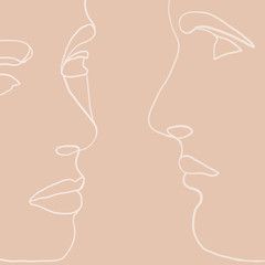 Continuous line, drawing of set facesmen and women in kiss, fashion concept, woman beauty minimalist, vector illustration for t-shirt, slogan design print graphics style. One line fashion illustration
