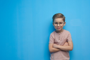 Obraz premium Little cute primary school boy in glasses